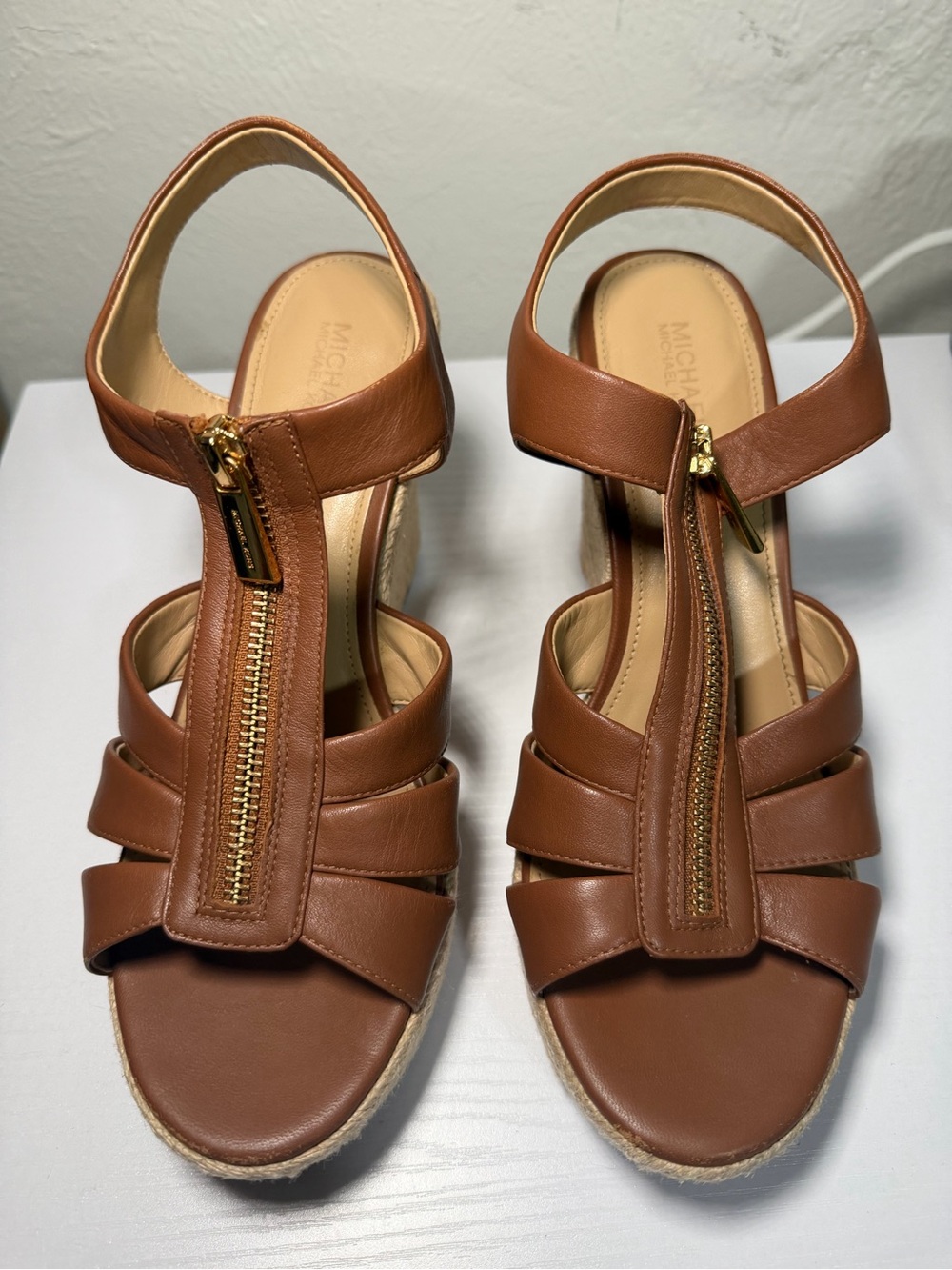 Michael Kors Tan Leather Zip-Front Wedge Sandals
